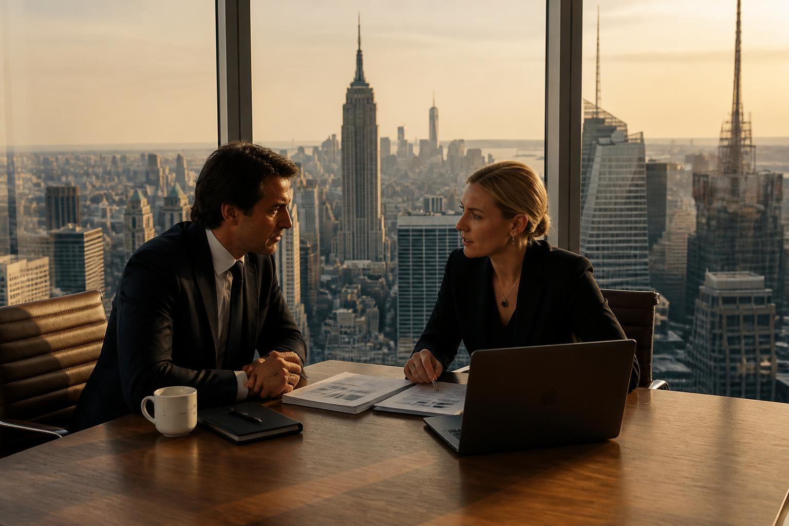 Consulting meeting with Manhattan skyline