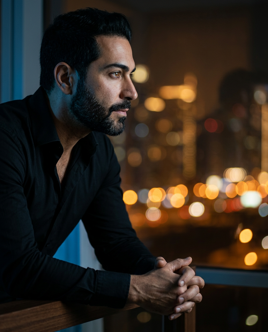 Makan in side profile by a window at night