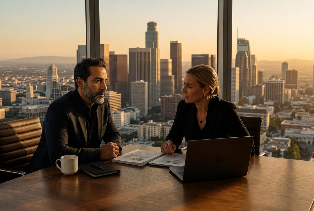 Makan Mostafavi in a boardroom meeting with Century City, Los Angeles in the background